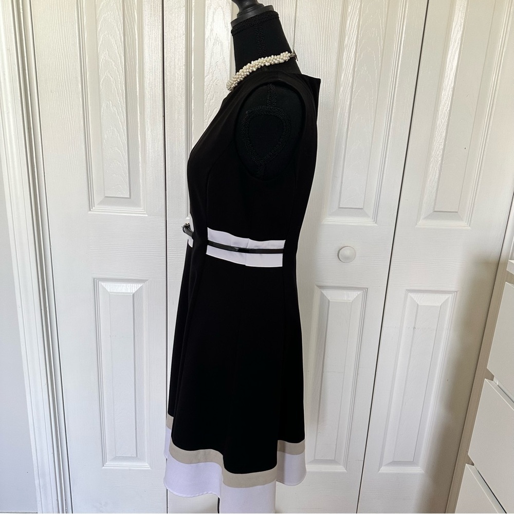 Calvin Klein Black&White Fit&Flare Dress Sleeveless Belted Knee Length Women 8P - Picture 4 of 13